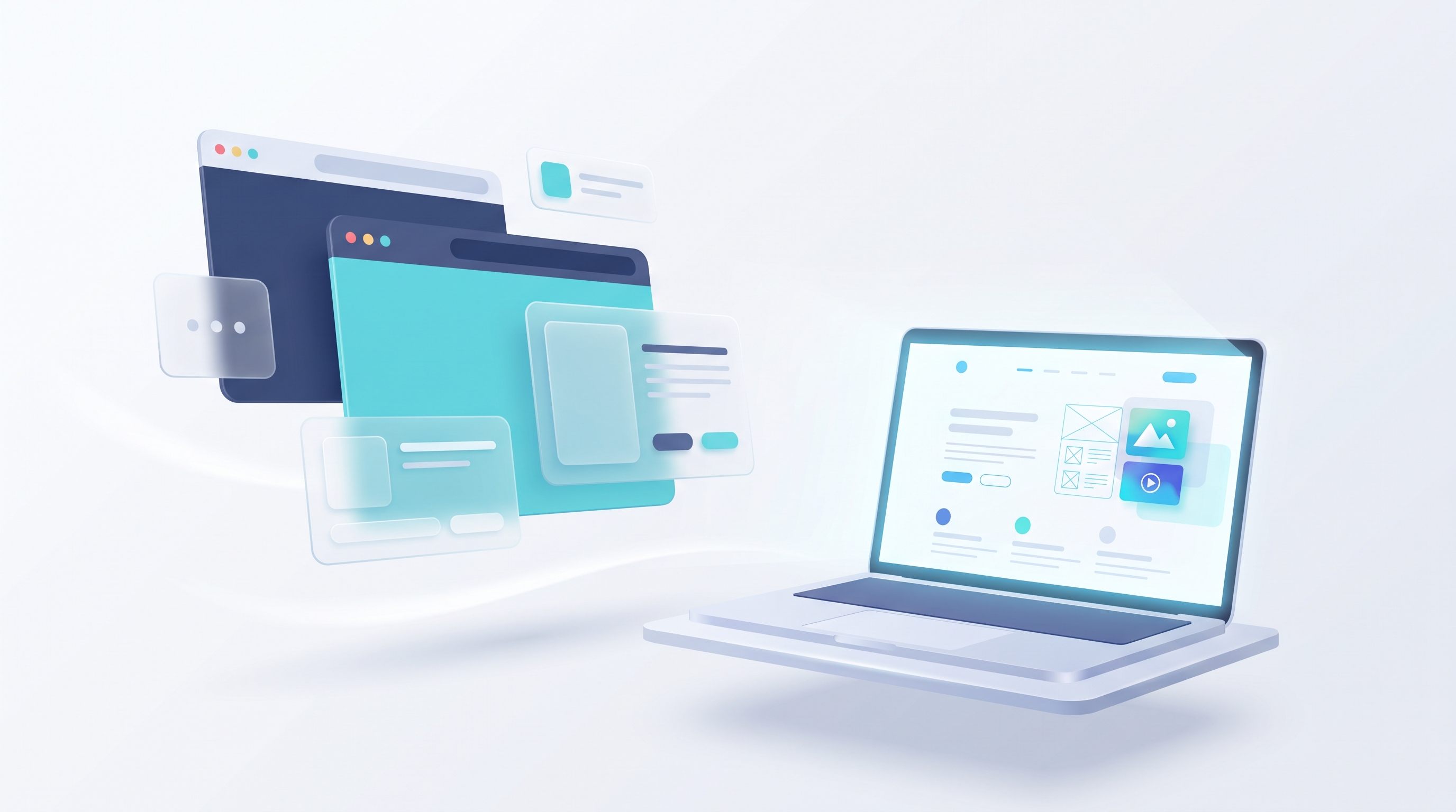 Ilustración de diseño web: ventanas de navegador y componentes de interfaz flotando sobre un fondo claro
