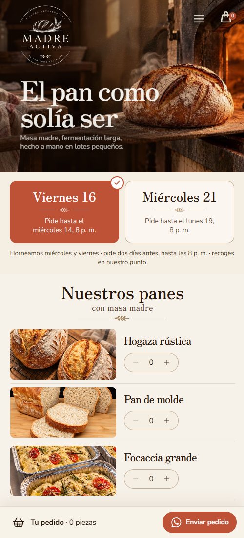 Madre Activa en un celular: selector del día de recogida y catálogo de panes
