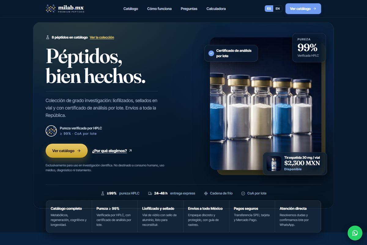 Página de inicio de milab.mx, marketplace de péptidos de investigación, en una laptop