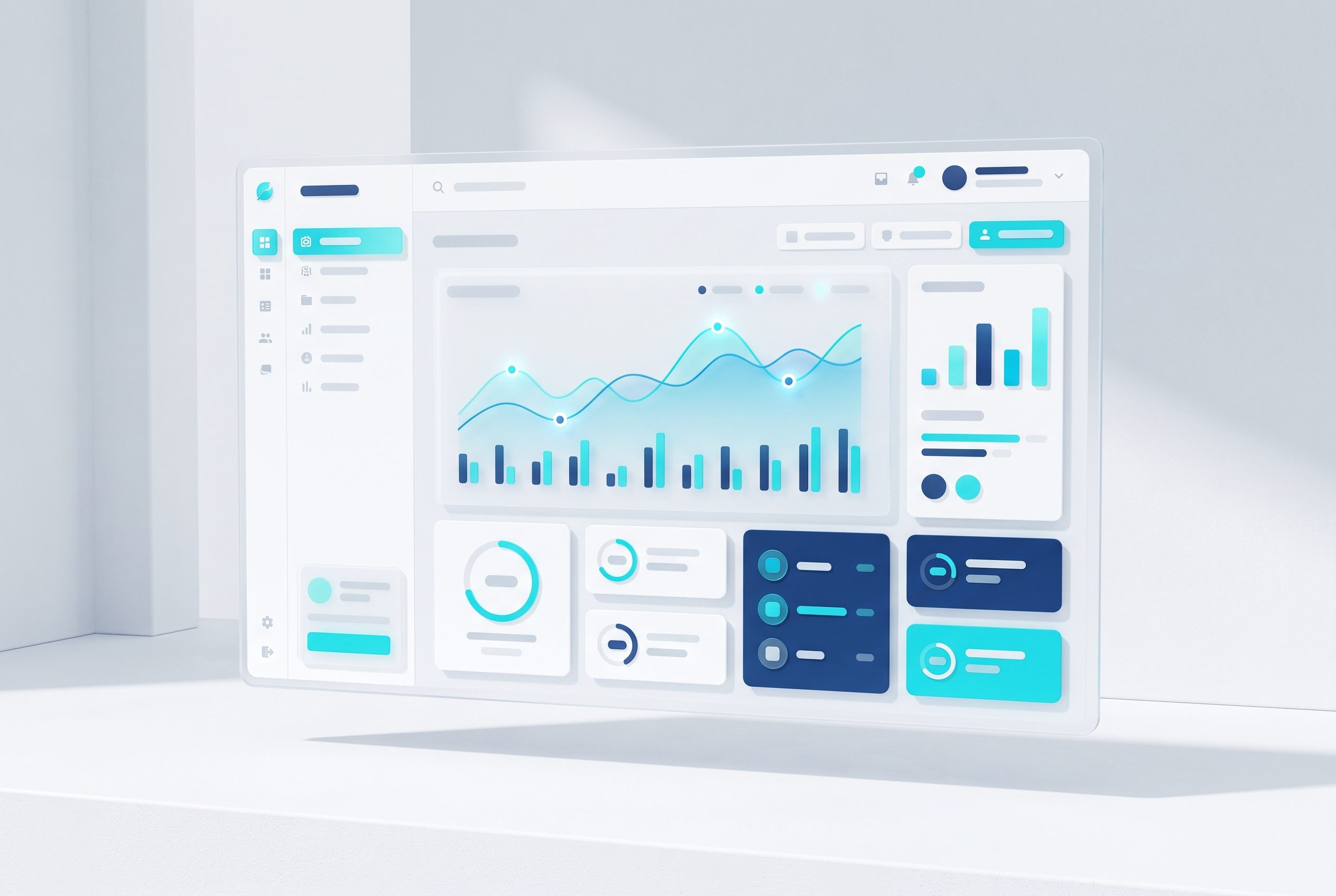 Panel de aplicación web con gráficas y tarjetas en tema claro